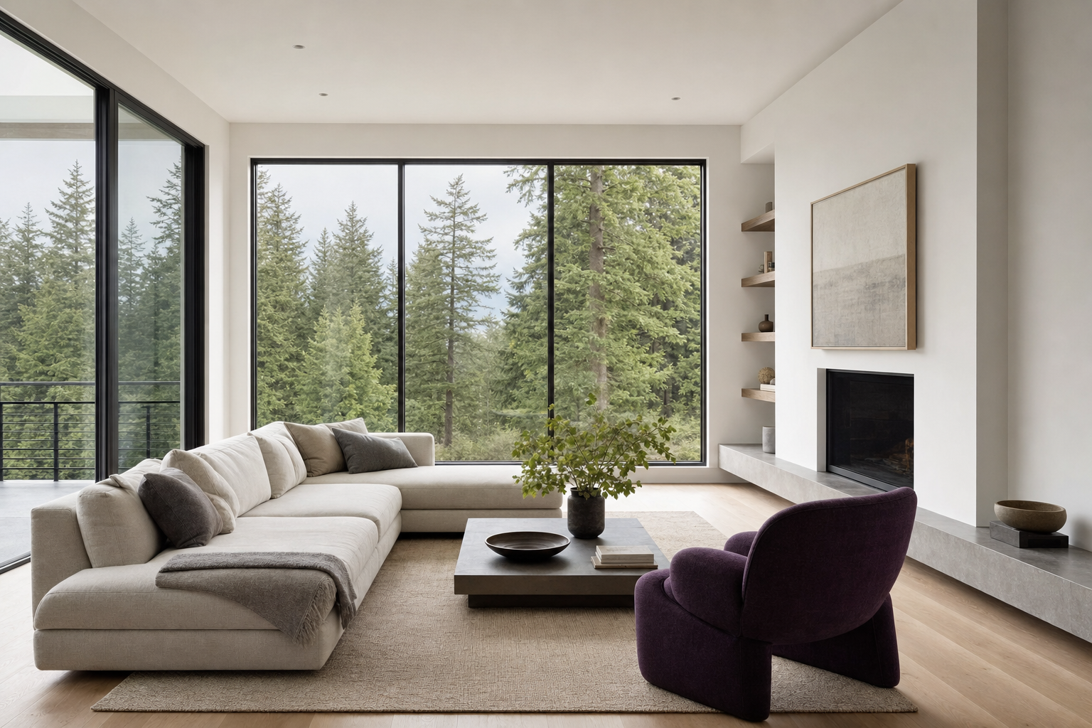 A modern interior with a violet accent chair