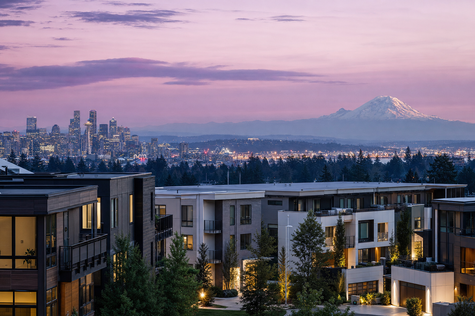 The Seattle skyline at dusk with Mount Rainier in the distance under a violet sky